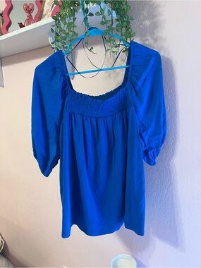 Blue Smocked Square-Neck Puff Sleeve Top